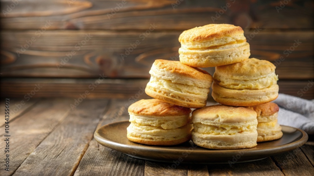Stacked layers of flaky butter biscuits on a plate , breakfast, baked goods, homemade, savory, golden brown Stacked layers of flaky butter biscuits on a plate , breakfast, baked goods, homemade, savory, golden brown