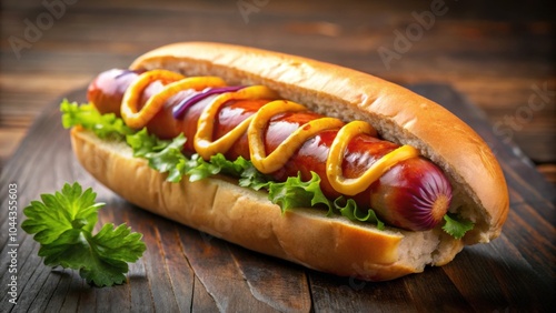 Freshly made hot dog with grilled sausage, soft bun, mustard, ketchup, and onions, hot dog, sausage, bun, mustard