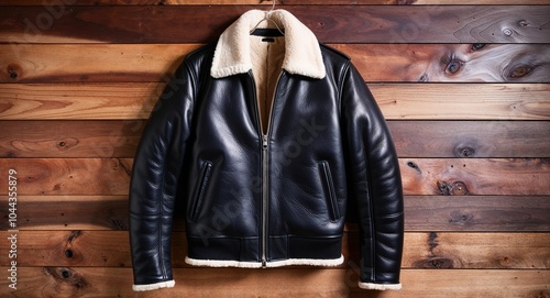Black leather aviator jacket with shearling collar and zip front display on aesthethic wood wall background