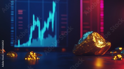Realistic illustration of a gold bull charging in a dark room with a trading graph in the background, featuring vibrant hues of scarlet and dark cornflower blue. A powerful representation of financial