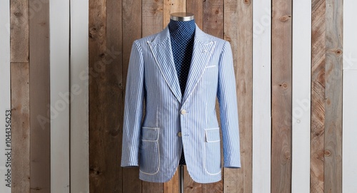 Blue and white striped seersucker blazer with notched lapel and patch pockets display on aesthethic wood wall background