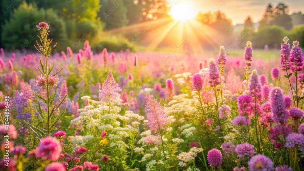 Summer flower meadow with pink wildflowers and lilac bushes under morning sunlight Summer flower meadow with pink wildflowers and lilac bushes under morning sunlight