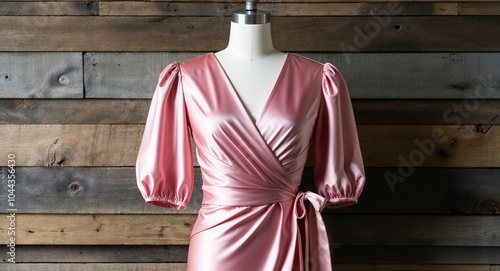 Blush pink satin wrap dress with puff sleeves and side tie display on aesthethic wood wall background