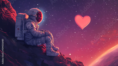 Cute astronaut in spacesuit floating in space with heart-shaped thought bubble. beautiful simple ai generated image. Mars Outpost. Illustration photo