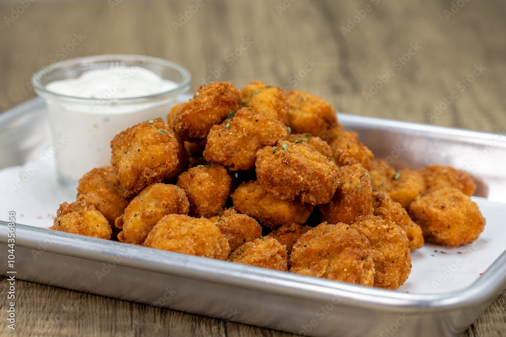 Crispy order of popcorn chicken nuggets on a tray with ranch dipping sauce Crispy order of popcorn chicken nuggets on a tray with ranch dipping sauce