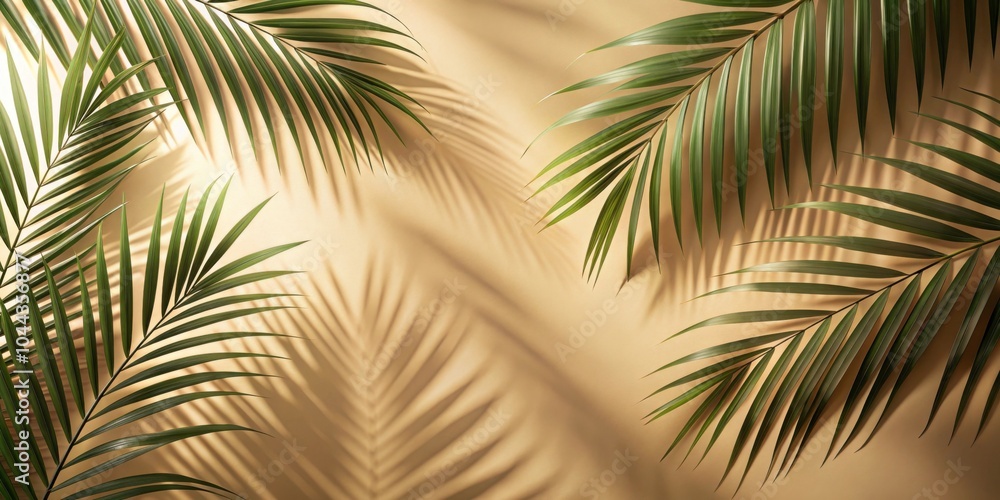 Fototapeta premium Palm leaves shadow on beige background, freeze motion, palm leaves, shadow, beige, background, motion, tropical
