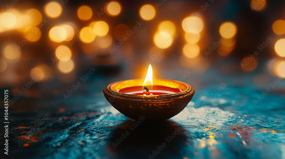 Celebrating Diwali with a traditional oil lamp illuminated against a backdrop of vibrant lights Celebrating Diwali with a traditional oil lamp illuminated against a backdrop of vibrant lights