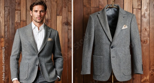 Grey herringbone wool blazer with notch lapel and patch pockets display on aesthethic wood wall background