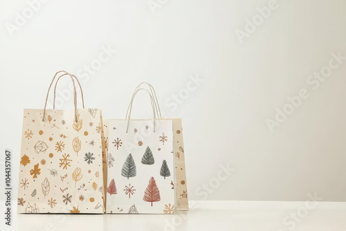 Festive shopping bags with holiday designs on minimalist background photo