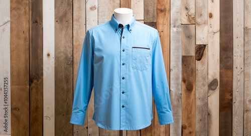 Light blue cotton button down shirt with contrasting buttons and chest pocket display on aesthethic wood wall background
