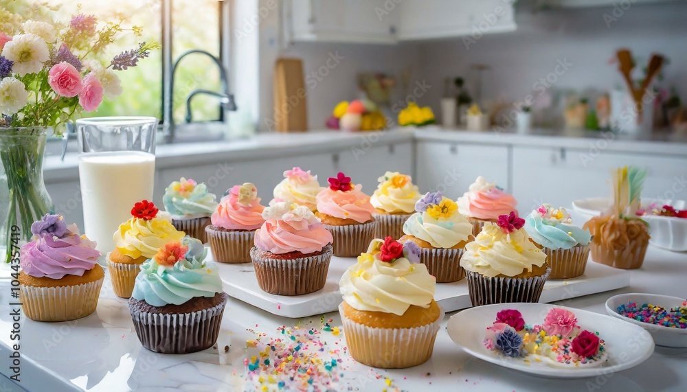 A table in a modern kitchen showcases freshly baked cupcakes with vibrant decorations and flavors. A table in a modern kitchen showcases freshly baked cupcakes with vibrant decorations and flavors.