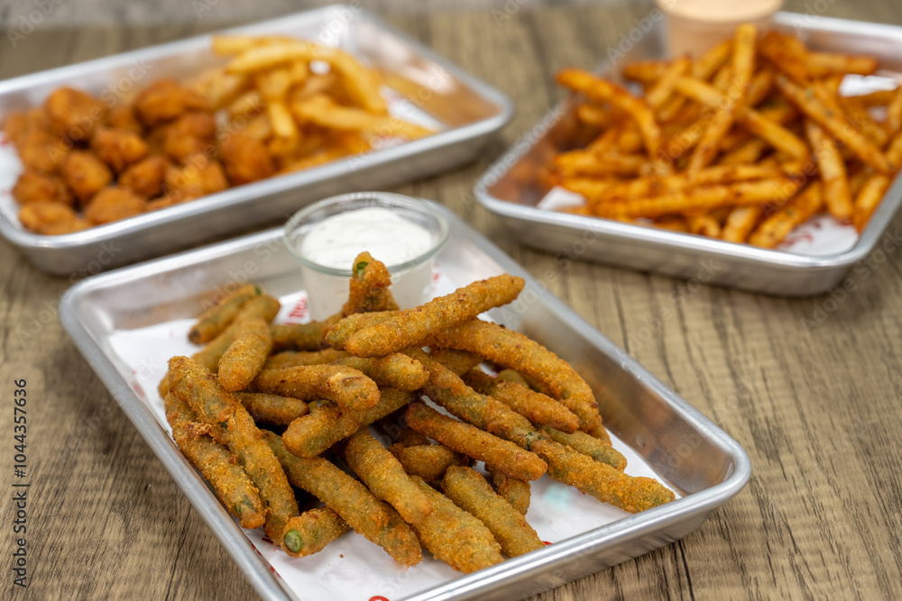 Variety of crispy crunchy side order appetizers to choose from with the breaded string beans up front Variety of crispy crunchy side order appetizers to choose from with the breaded string beans up front