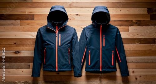 Navy technical shell jacket with waterproof zippers and adjustable hood display on aesthethic wood wall background photo