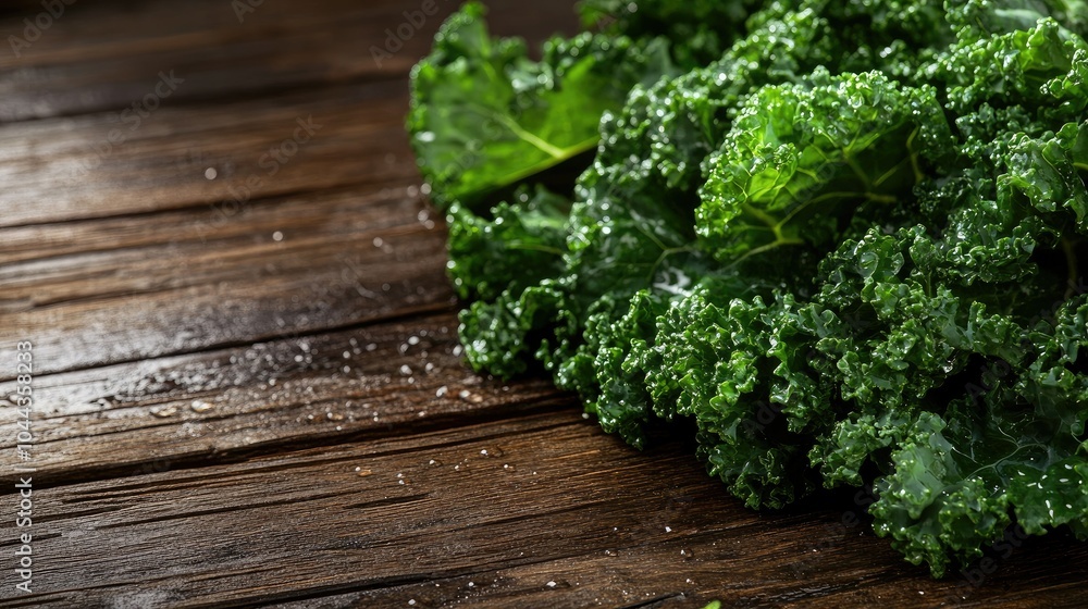 Freshly washed kale leaves spread out on a rustic wooden table with droplets of water shining in the light. Freshly washed kale leaves spread out on a rustic wooden table with droplets of water shining in the light.