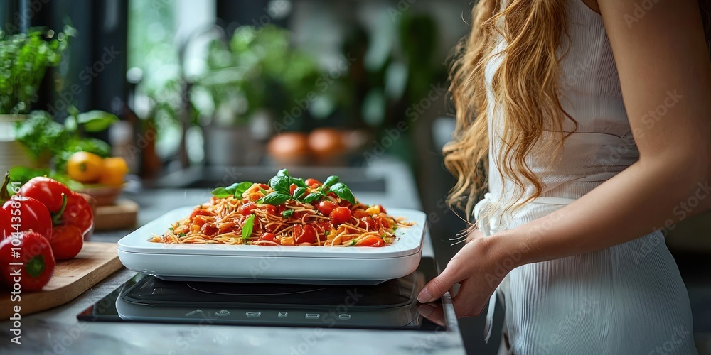 Woman Placing a Plate of Pasta with Tomato Sauce and Basil on an Induction Cooktop Woman Placing a Plate of Pasta with Tomato Sauce and Basil on an Induction Cooktop