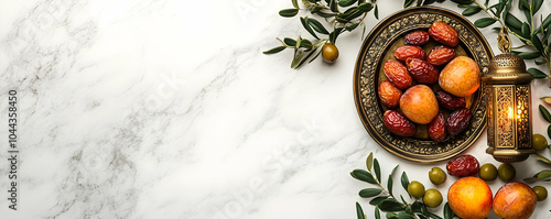 Ramadan Photo with Dates, Lantern, Olives, and Apricots on White Marble