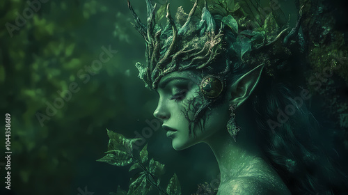 Digital painting of a beautiful victorian steam punk wood nymph or dryad in a magical green forest ,illustration . made with the help of ai. nymph. illustration. Forest Nymph. Illustration
