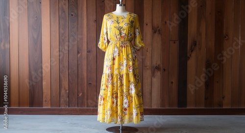 Wallpaper Mural Yellow chiffon midi dress with floral print and tiered skirt display on aesthethic wood wall background Torontodigital.ca