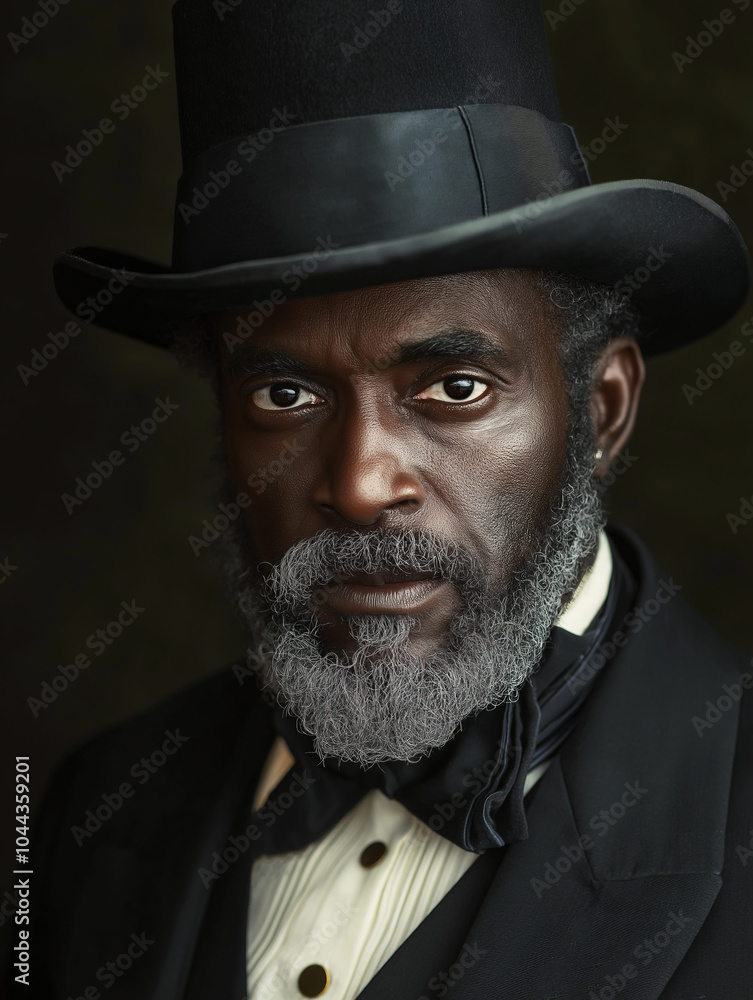 Mature Gray-Bearded Man with Dark Skin in Black Top Hat and Suit Mature Gray-Bearded Man with Dark Skin in Black Top Hat and Suit