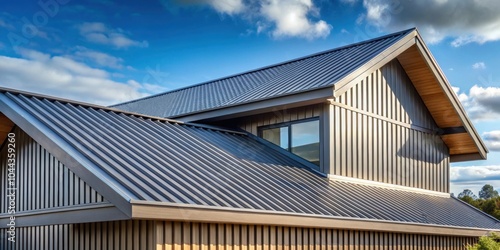 Corrugated metal roof on a modern house exterior , architecture, design, construction, residential, building, home