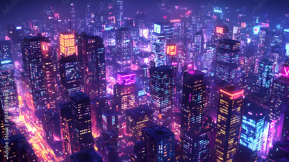 Fototapeta premium 3D Illustration - Neon City Skyline at Night with Glowing Lights