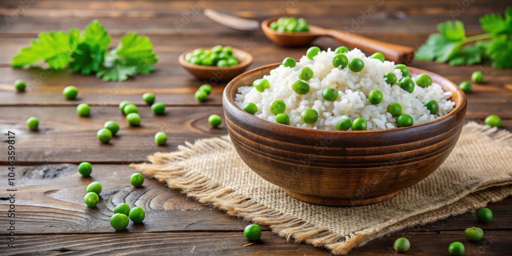 Bowl of rice with green peas and cilantro on wooden table, rice, green peas, cilantro, bowl, wooden table, food, healthy Bowl of rice with green peas and cilantro on wooden table, rice, green peas, cilantro, bowl, wooden table, food, healthy