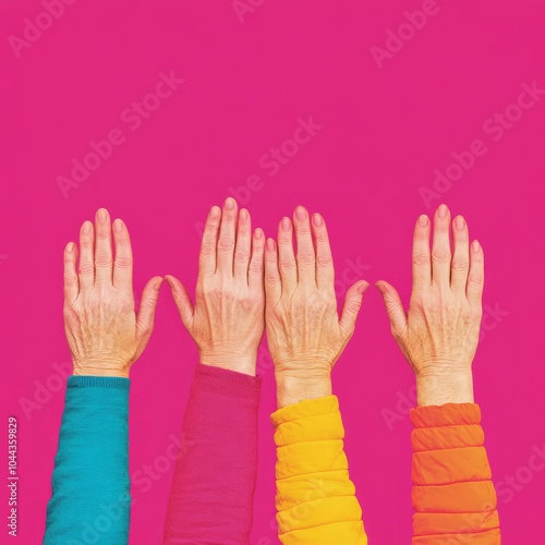 Four hands raised against a vibrant pink background, showcasing diversity.