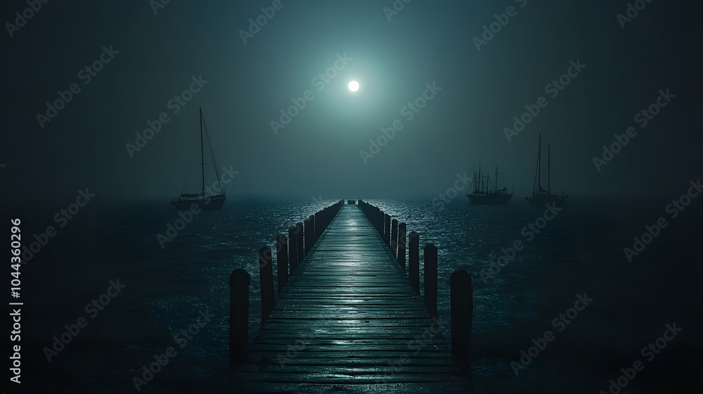 Obraz premium A dark, empty pier stretching out into the ocean, with the silhouettes of boats in the distance barely visible against the moonlit water.