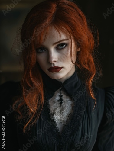 Young Woman with Red Hair, Red Lips, and Dark Blouse