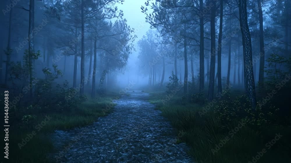 Misty Forest Path at Dusk, trees, fog, evening, blue, nature Misty Forest Path at Dusk, trees, fog, evening, blue, nature