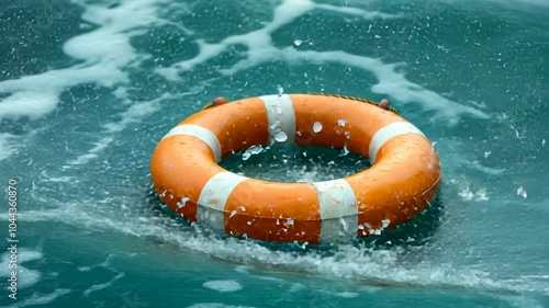 Lifebuoy Floating in Choppy Waters, life preserver, life ring, life ring buoy, life saver, floatation device