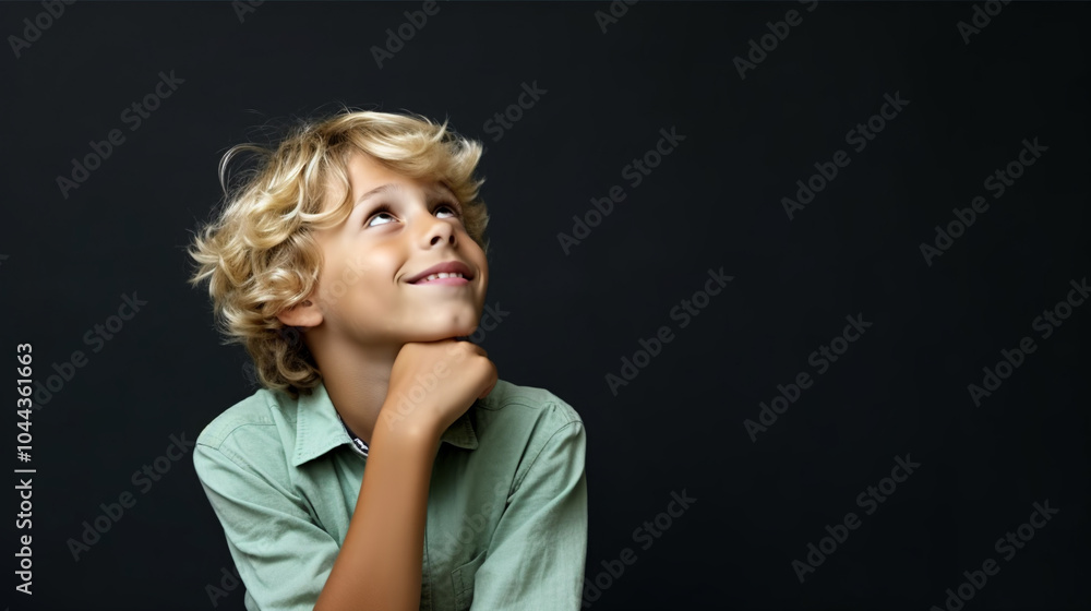 Photo of a young boy thinking while holding his chin against a black background. Photo of a young boy thinking while holding his chin against a black background.
