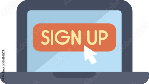 Simple flat illustration of a laptop showing a sign up button with a mouse cursor clicking on it