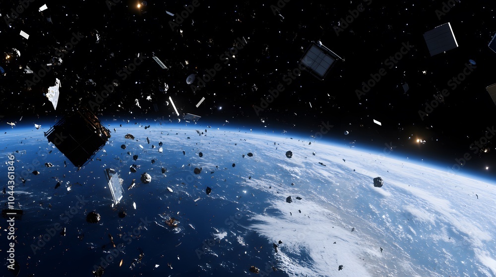 A distant view of Earth, with the curve of its blue oceans visible against the black void, surrounded by floating satellites and space debris. A distant view of Earth, with the curve of its blue oceans visible against the black void, surrounded by floating satellites and space debris.