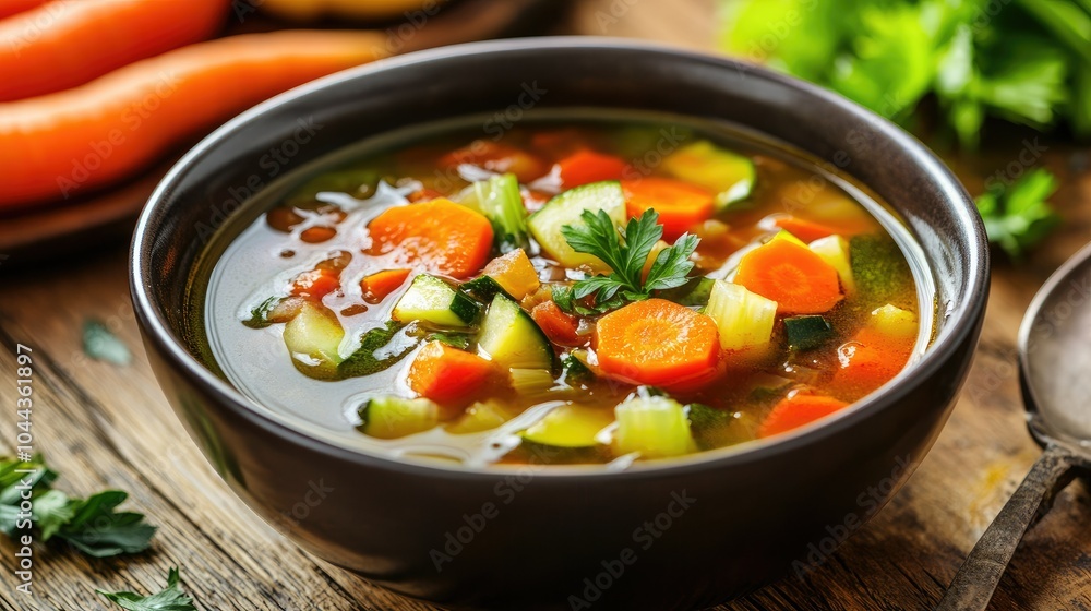 A bowl of colorful vegetable soup with carrots, celery, and zucchini, served on a wooden table. A bowl of colorful vegetable soup with carrots, celery, and zucchini, served on a wooden table.