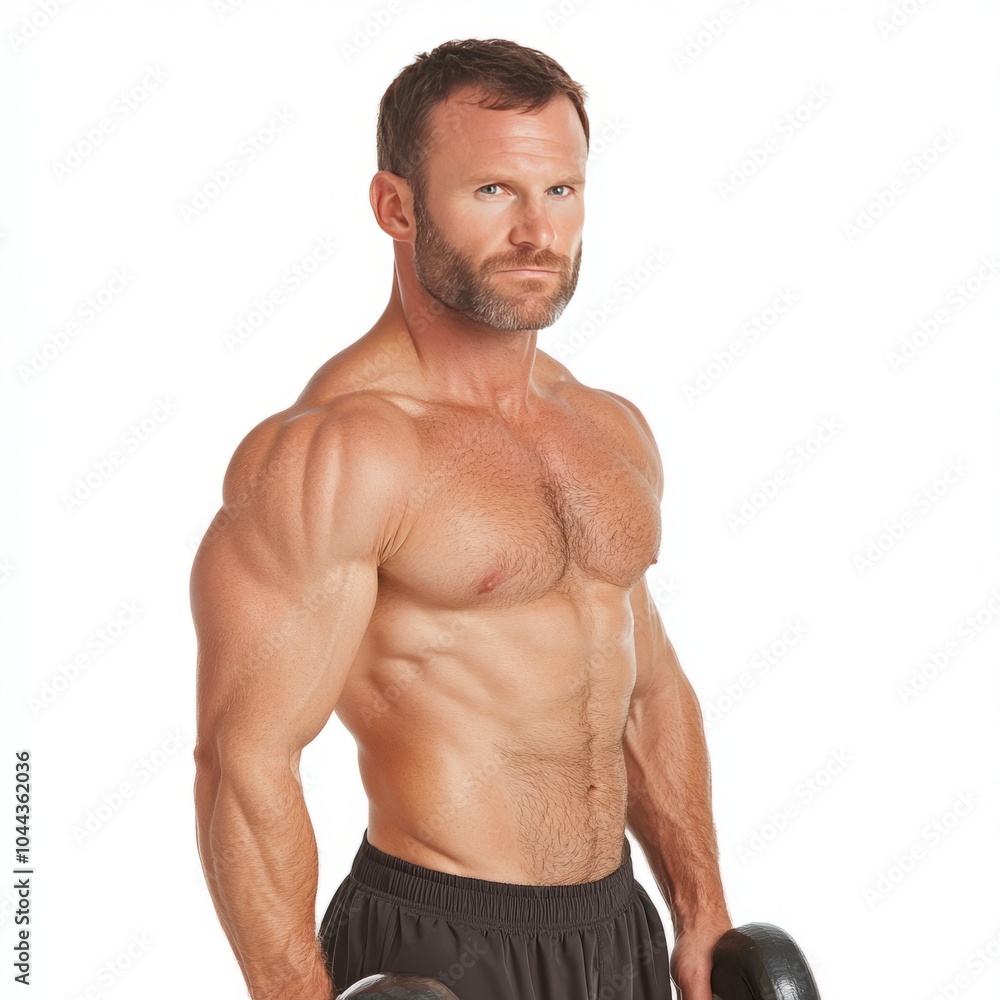 A muscular man posing with dumbbells, showcasing fitness and strength. A muscular man posing with dumbbells, showcasing fitness and strength.