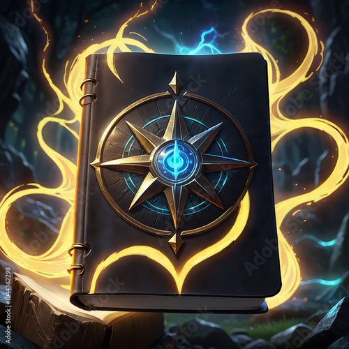 A closed book with a compasslike symbol on its cover, surrounded by swirling golden and blue light. The book rests on a stone platform in a dark, forestlike setting. photo