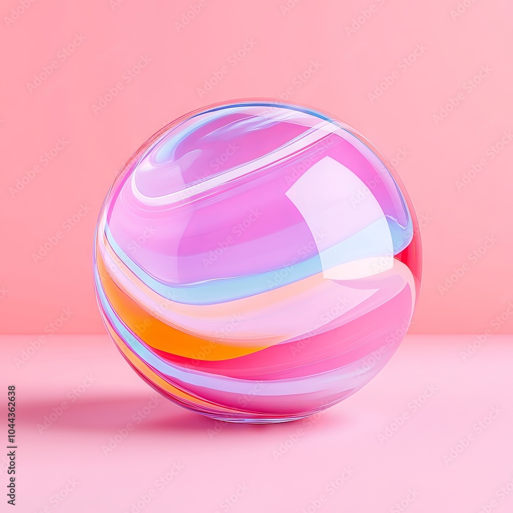 Obraz premium A colorful, glossy sphere with swirling patterns against a pink background.