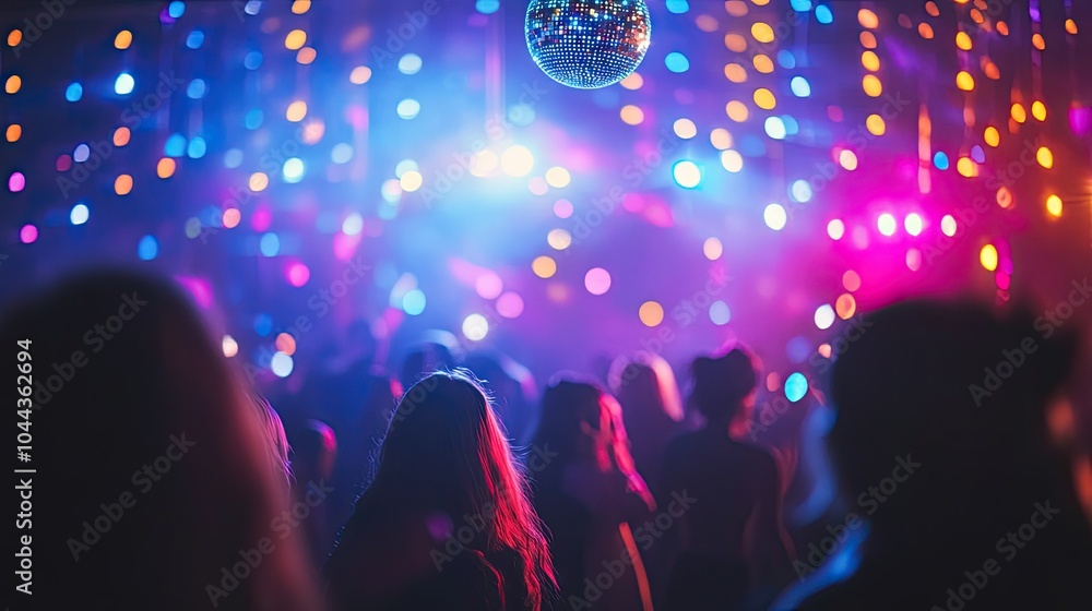 A brightly lit New Year's Eve dance floor, with partygoers dancing to music under colorful lights and a disco ball spinning overhead. A brightly lit New Year's Eve dance floor, with partygoers dancing to music under colorful lights and a disco ball spinning overhead.