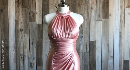 Blush pink satin halter neck dress with ruched bodice and slit display on aesthethic wood wall background photo