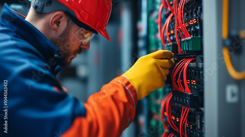A technician in protective gear works on a control panel, adjusting wires and circuits for maintenance or troubleshooting in an industrial setting.