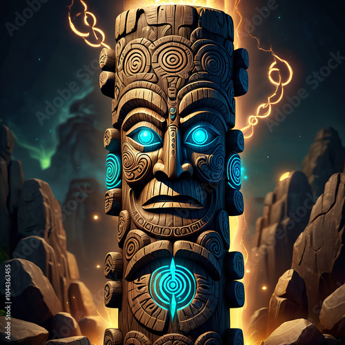 A large wooden totem pole with a carved face stands in a rocky landscape. The totems eyes glow with an ethereal blue light, and its surface is adorned with intricate carvings. Orange energy swirls aro photo