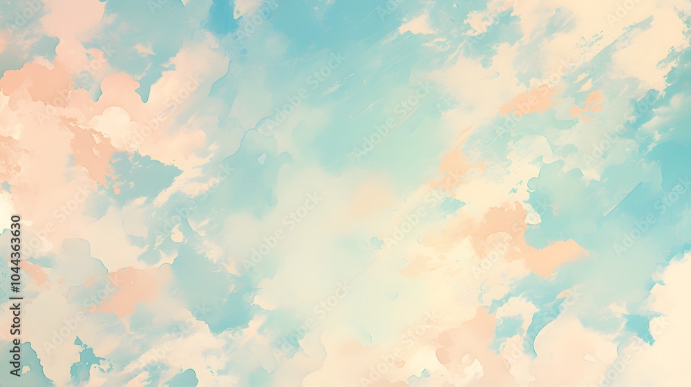 Fototapeta premium A full canvas filled with gentle washes of mint, peach, and sky blue in an abstract, loosely defined shape, evoking a soft watercolor art piece.