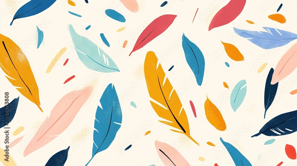 A joyful minimalist design featuring a literature theme intertwined with colorful feathers, creating a vibrant and cute repeat pattern. This artwork harmoniously blends simplicity with lively colors, A joyful minimalist design featuring a literature theme intertwined with colorful feathers, creating a vibrant and cute repeat pattern. This artwork harmoniously blends simplicity with lively colors,