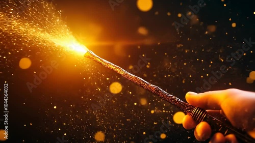 Magic Wand Casting Spell with Sparks, glow, light, dark background, fantasy, sorcerer