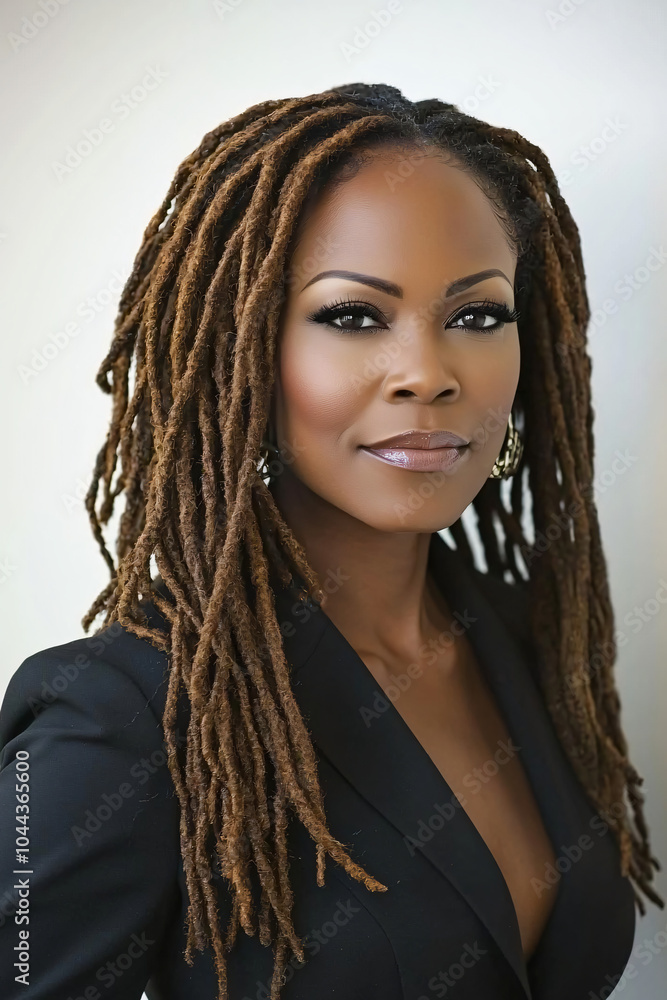 a confident Black woman with styled dreadlocks against white backdrop a confident Black woman with styled dreadlocks against white backdrop