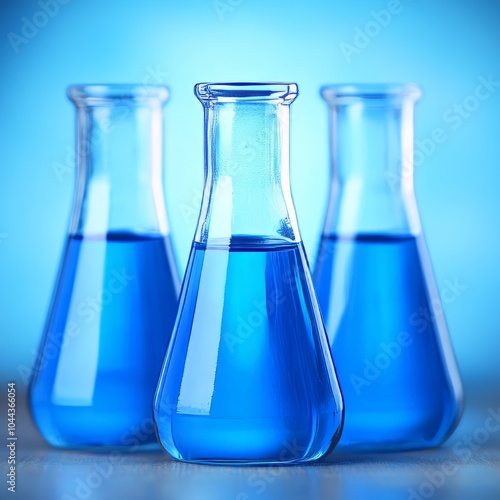 Three glass flasks containing blue liquid, suggesting a scientific context.