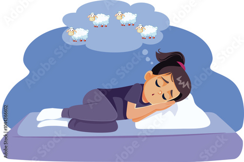 Little Girl Counting Sheep for Better Sleep Vector Illustration. Unhappy child feeling sleepy and fatigued 
