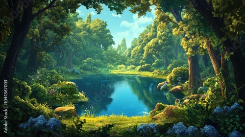 A Tranquil Forest Clearing with a Serene Lake