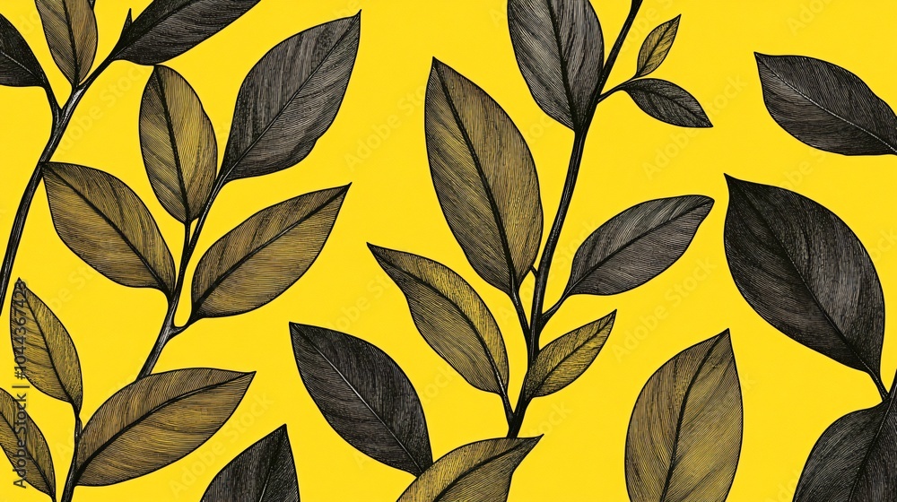 Abstract Pattern of Black and Gold Leaves on Yellow Background Abstract Pattern of Black and Gold Leaves on Yellow Background